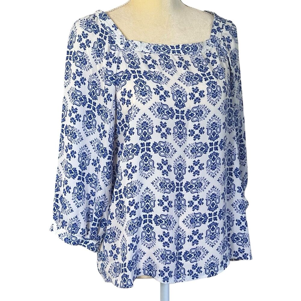 Loft Women’s Blouse Square Neck Small Blue White Floral Semi sheer - Picture 5 of 13